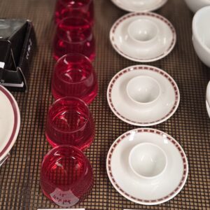 Job Lot 11 – Red-Rimmed Porcelain egg cup Set (5pcs) Plus Red Tumblers
