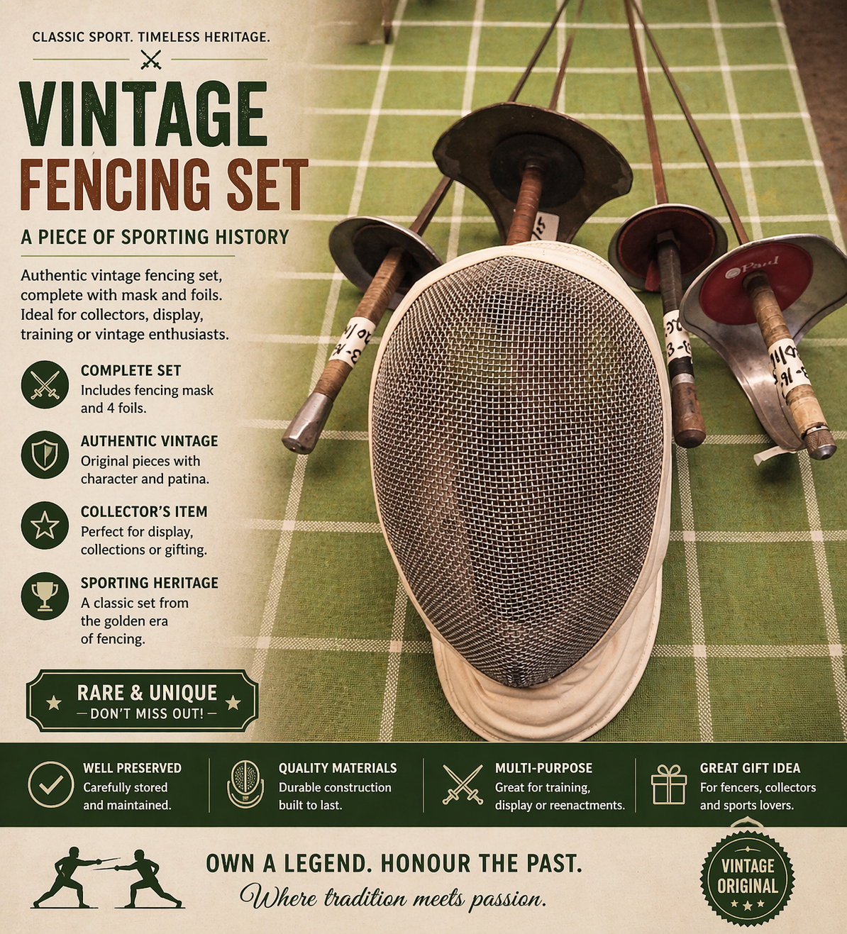 Antique-Style Fencing Set – Mask and Foils – Sporting Memorabilia