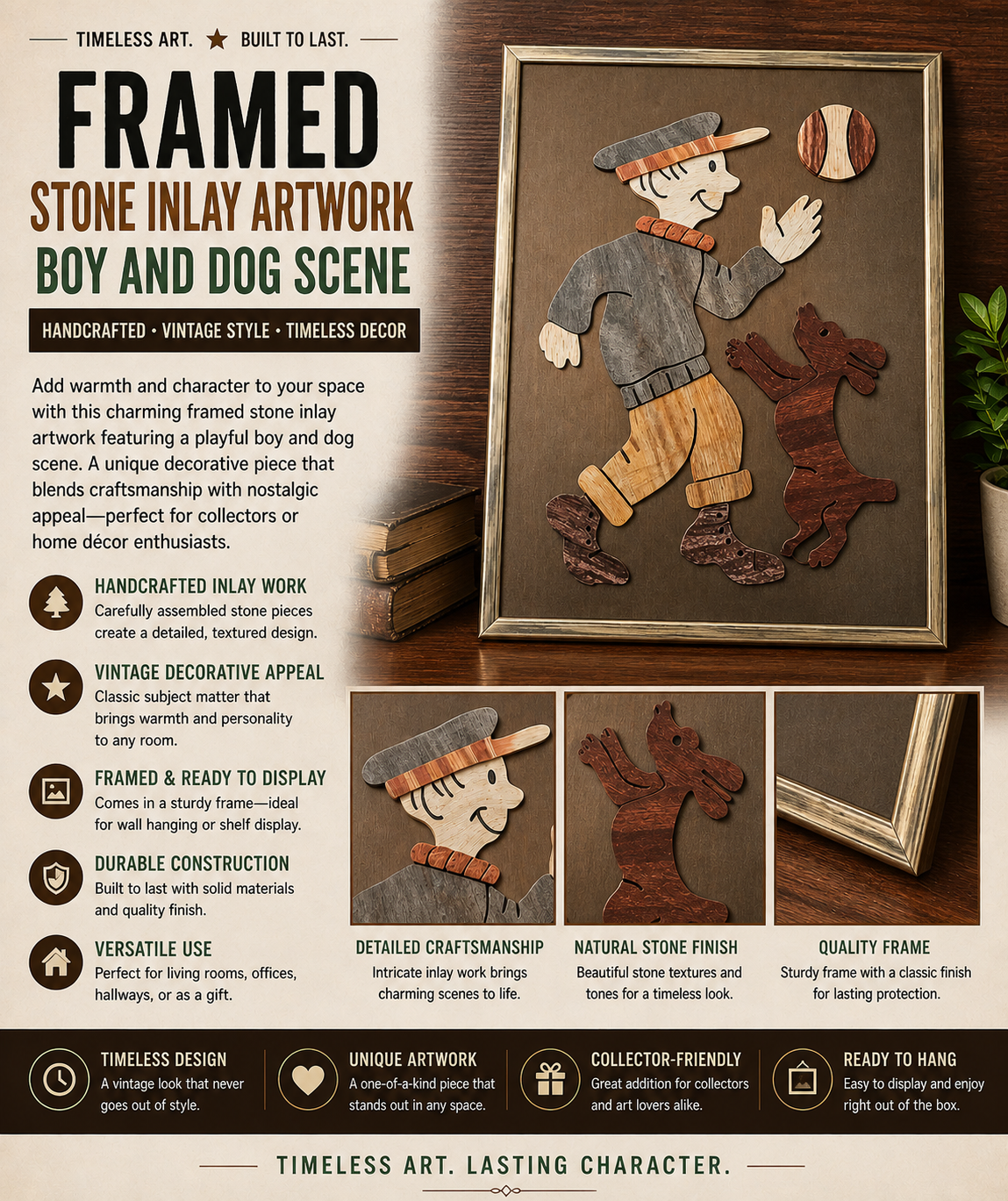 Handcrafted Stone Inlay Wall Art – Boy and Dog Scene