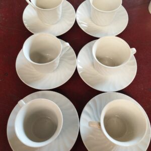 6 white porcelain coffee cups with saucers