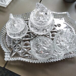 Pressed Glass Serving Tray with Sugar Bowls & Creamer Set - great for B&B, bid now to secure.