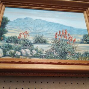 Signed South African Landscape Oil Painting with Aloe Garden & Mountain View – Ornate Wooden Frame