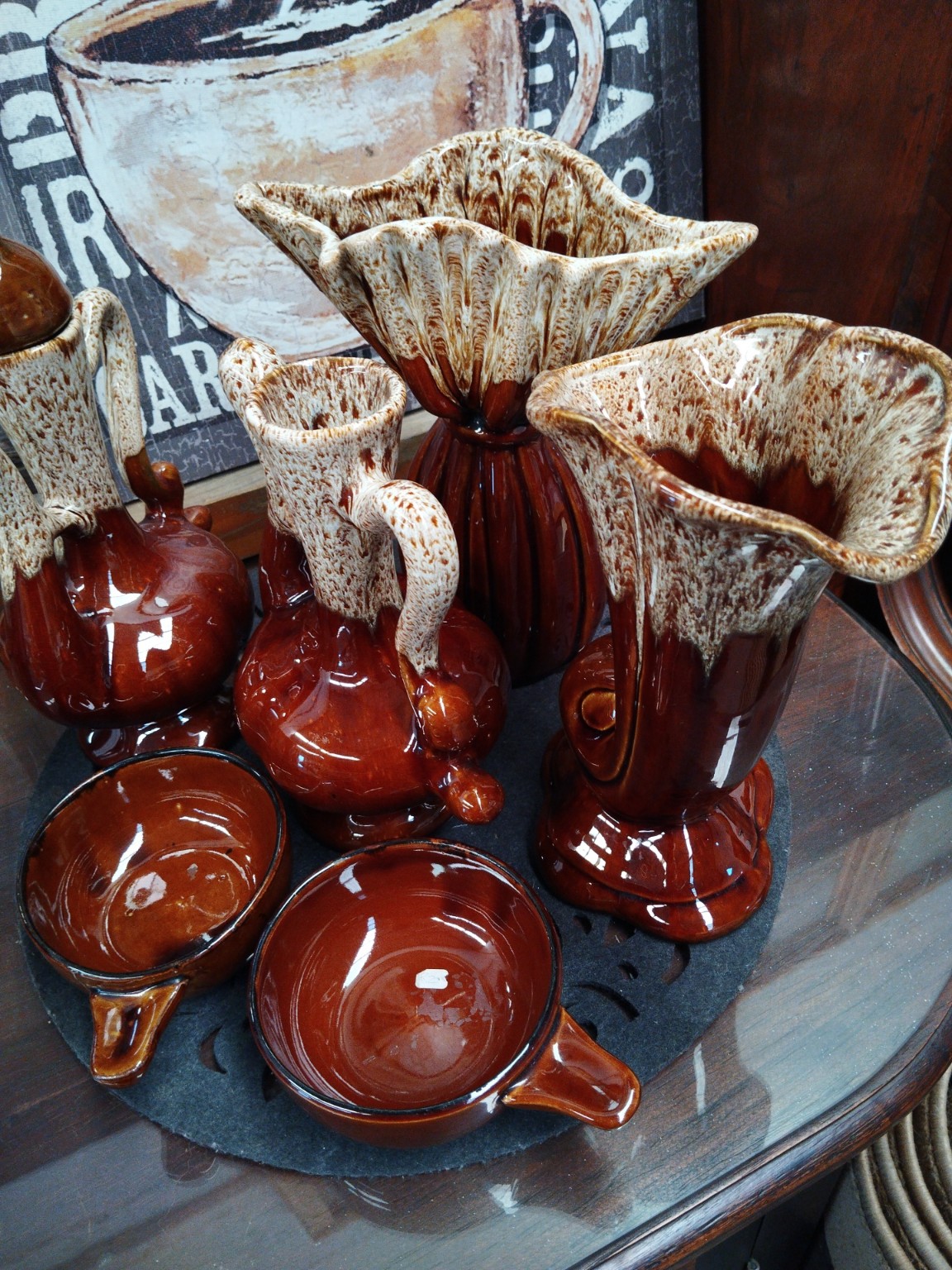 Vintage Brown Drip Glaze Ceramic Decorative Ware Collection – 7 Pieces