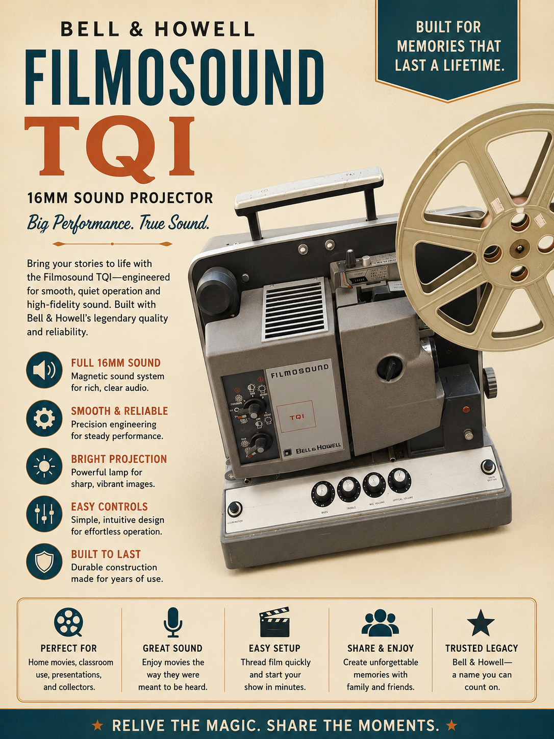 Vintage Bell & Howell Filmosound TQI 16mm Sound Film Projector with Take-Up Reel