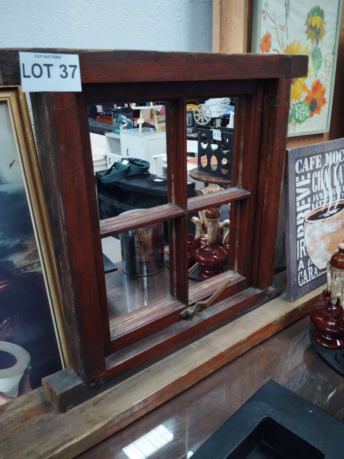 Rustic Solid Wood Window Frame Mirror Wall Décor with 4-Pane Design - Image 2