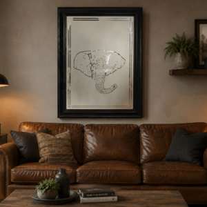 LOT 1 Large Decorative Etched Elephant Mirror with Black Frame