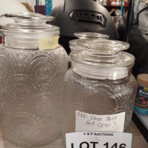 Set of 3 Embossed Glass Storage Canisters with Glass Lids – Decorative Kitchen Pantry Jars