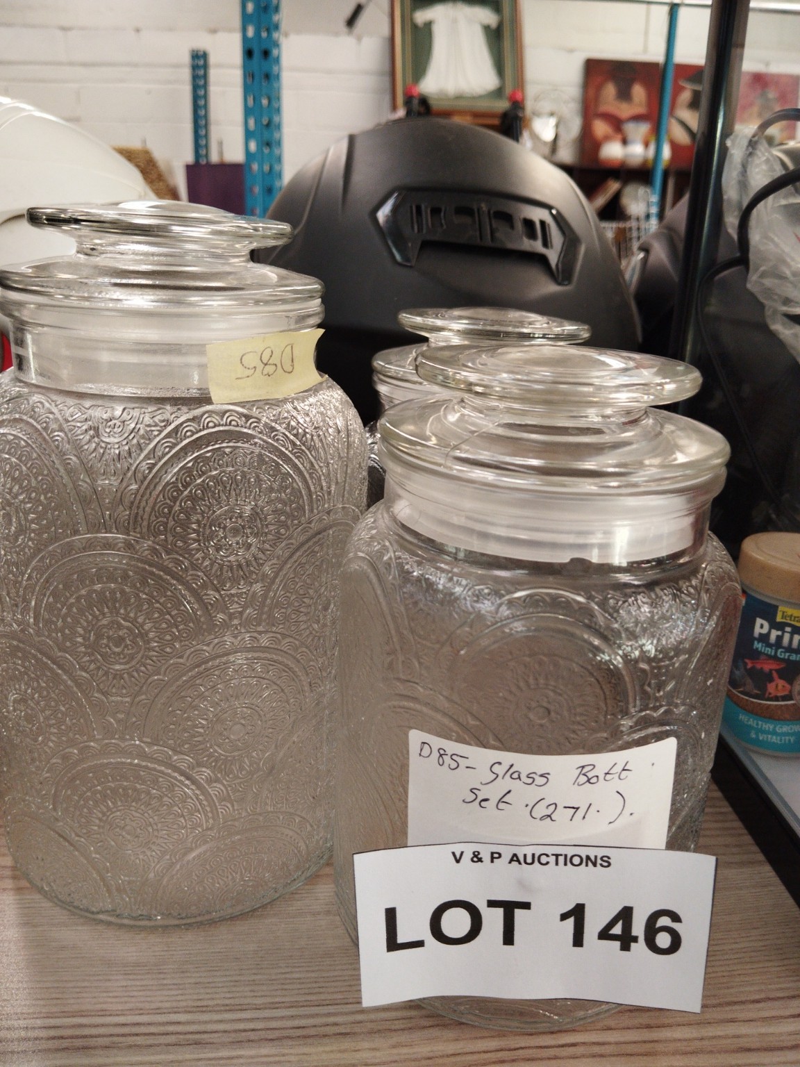 Set of 3 Embossed Glass Storage Canisters with Glass Lids – Decorative Kitchen Pantry Jars