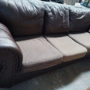 Modern 3-Seater Leather & Fabric Sofa – Dark Brown with Grey Cushions