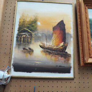 Signed Vintage Harbour Scene Oil Painting on Canvas – Sailing Junk Boat at Sunset, Framed