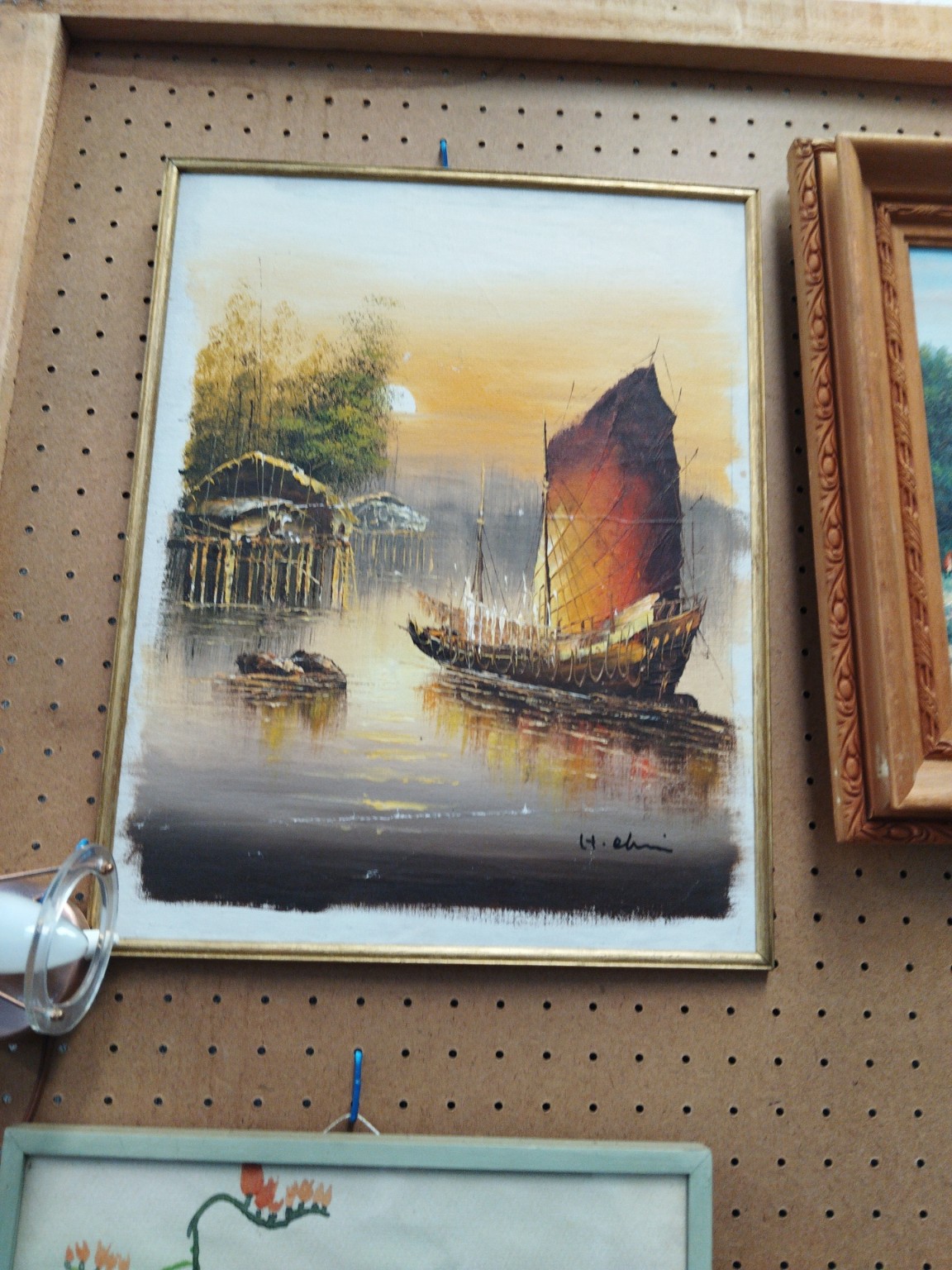 Signed Vintage Harbour Scene Oil Painting on Canvas – Sailing Junk Boat at Sunset, Framed
