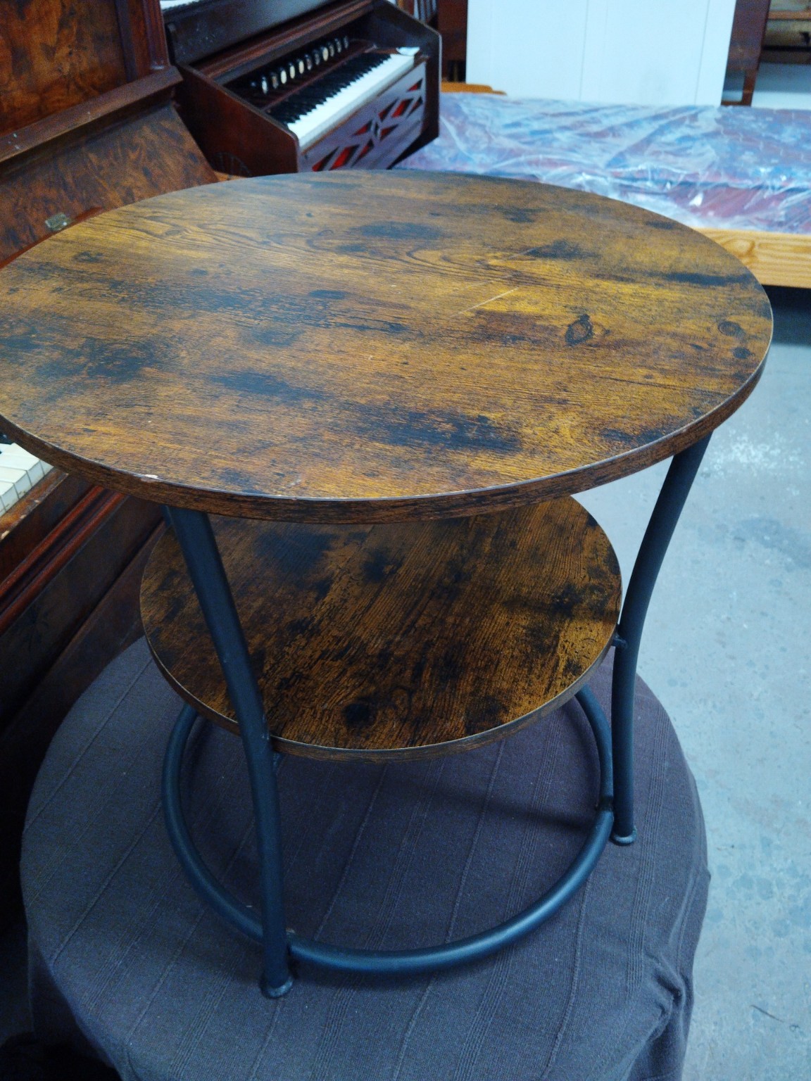 Rustic Round Wooden Side Table with Metal Frame & Lower Shelf