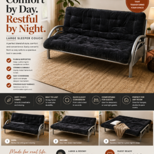 Modern Metal Frame Futon Sleeper Sofa with Black Tufted Cushions