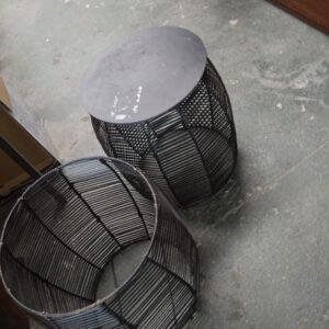 Pair of Black Metal Wire Basket Side Tables with Removable Wooden Tops