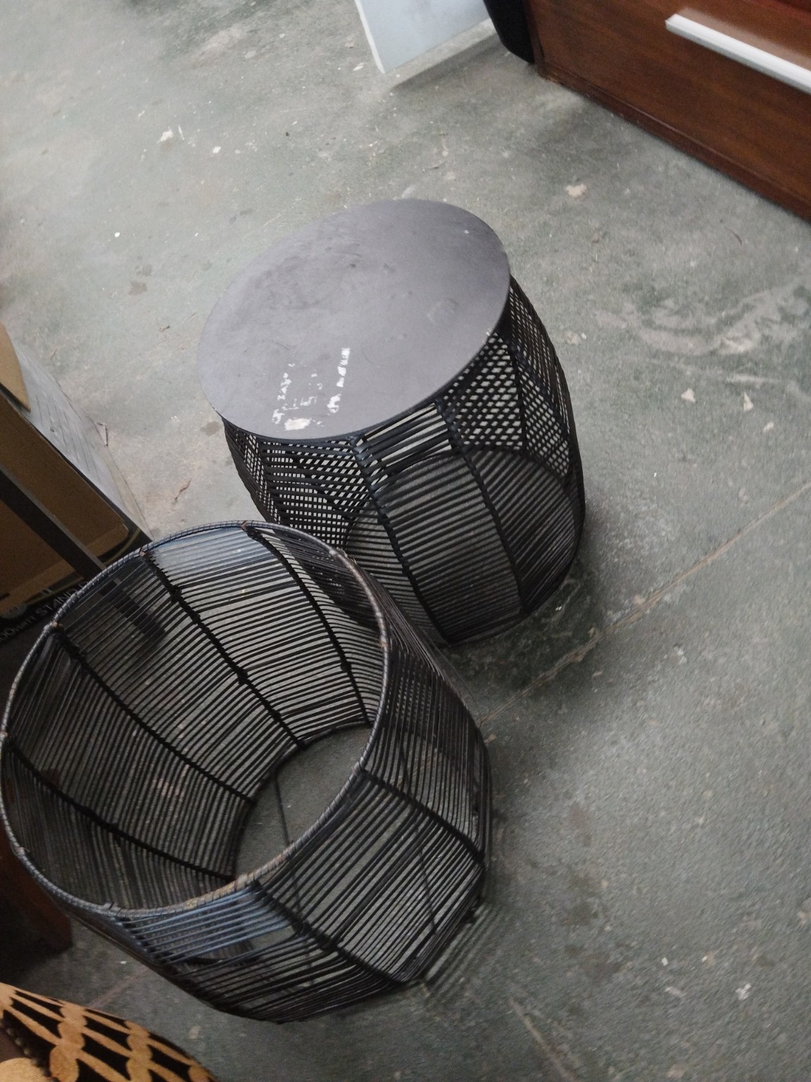Pair of Black Metal Wire Basket Side Tables with Removable Wooden Tops