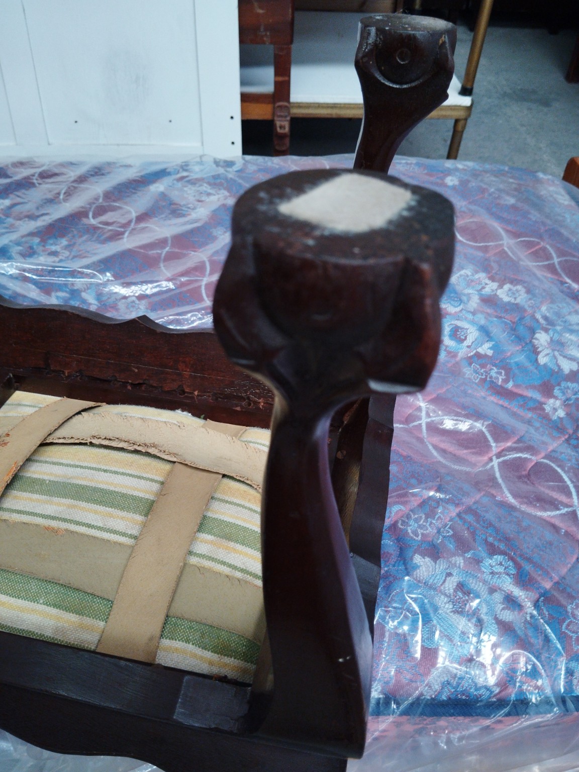 Vintage Carved Mahogany Organ Stool with Upholstered Seat - Image 2
