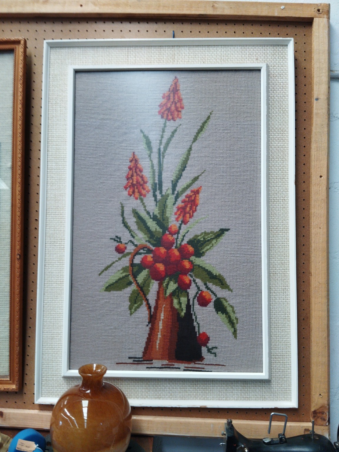 Large Framed Floral Needlepoint / Cross-Stitch Wall Hanging – Vase with Flowers