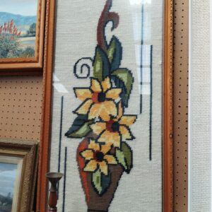 Large Vintage Framed Floral Needlepoint Tapestry Wall Hanging
