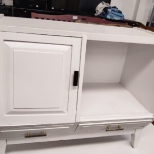 Contemporary White Storage Cabinet with Door, Open Shelving & Two Drawers