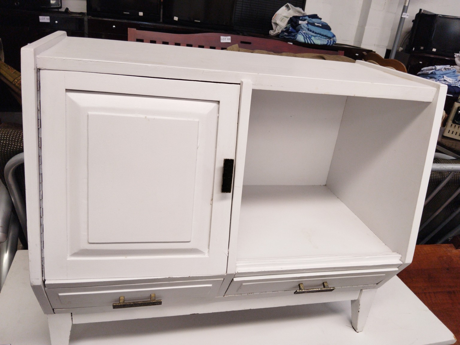 Contemporary White Storage Cabinet with Door, Open Shelving & Two Drawers