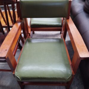 Vintage Solid Wood Lounge Armchair with Olive Green Cushioned Seat & Bac 1/2 Matching pair