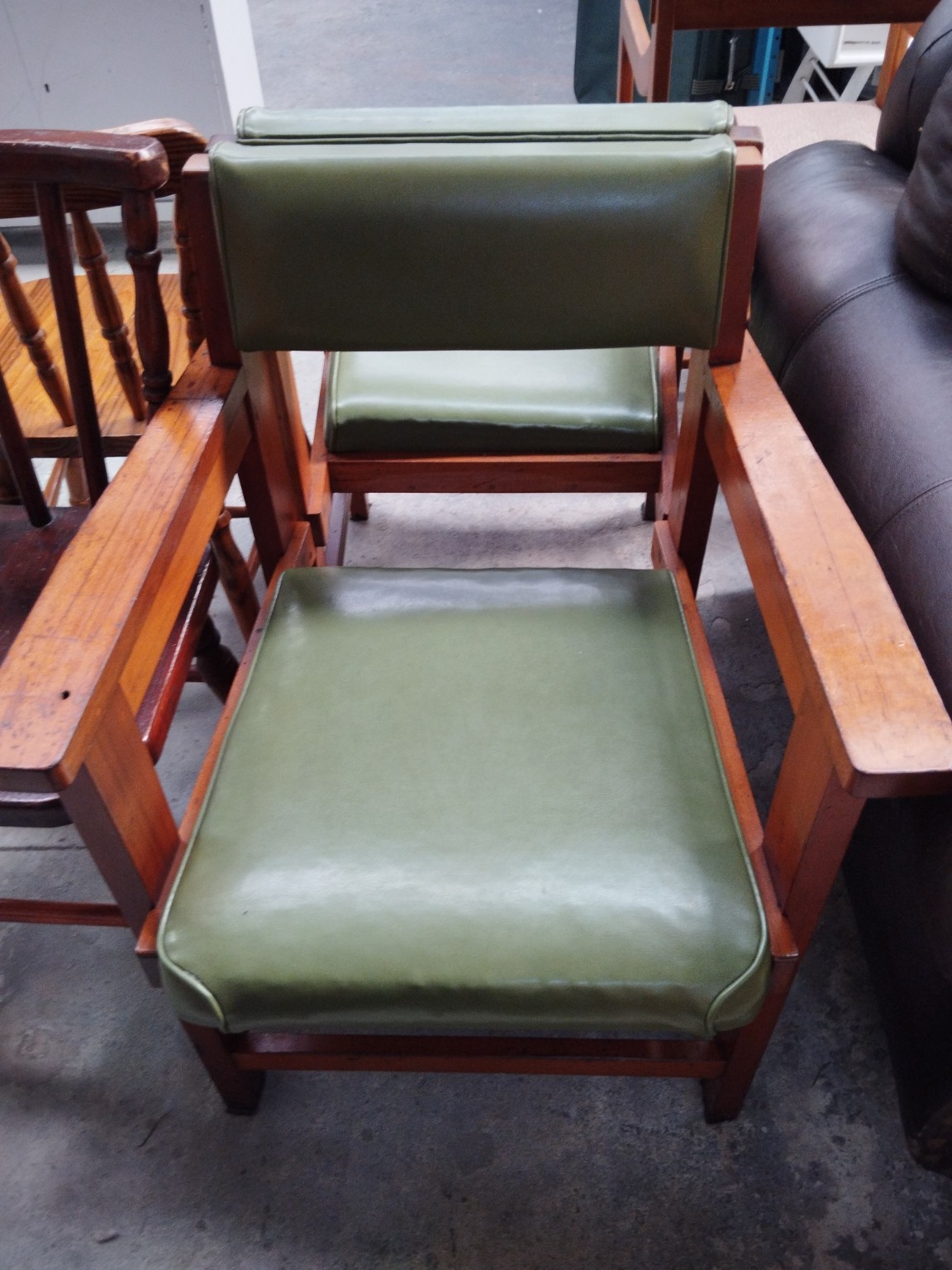 Vintage Solid Wood Lounge Armchair with Olive Green Cushioned Seat & Bac 1/2 Matching pair