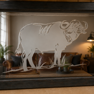 LOT 2 Decorative Etched Buffalo Mirror with Dark Wooden Frame