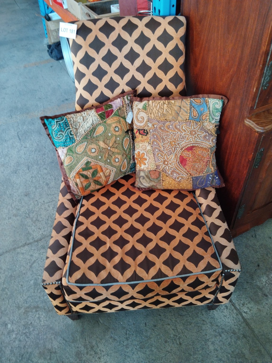 Contemporary Upholstered Accent Armchair in Brown & Beige Geometric Fabric - 1 OF 2 MATCHING CHAIRS