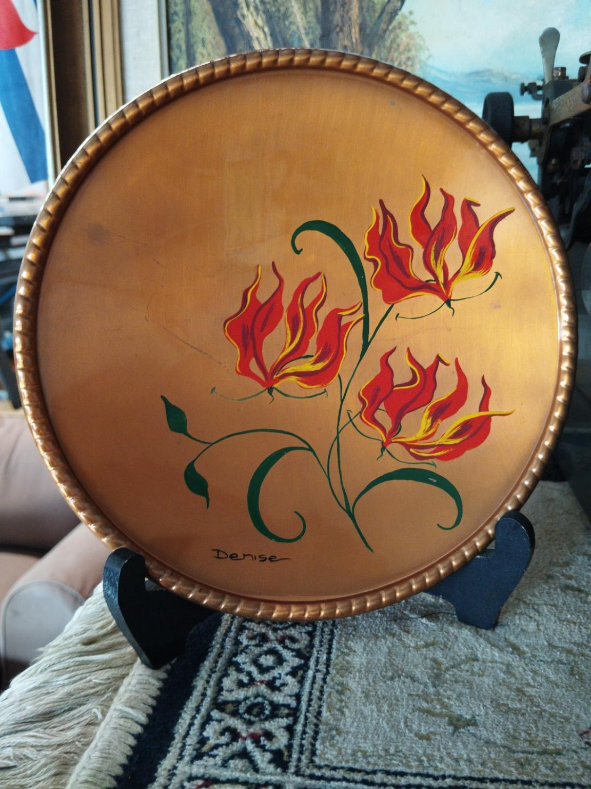 Hand-Painted Decorative Copper Wall Plate / Charger – Floral Design Signed "Denise"